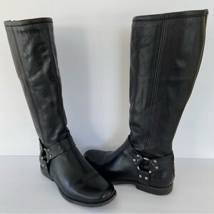 Frye Phillip Harness Tall Black Leather Heeled Boots size 7.5